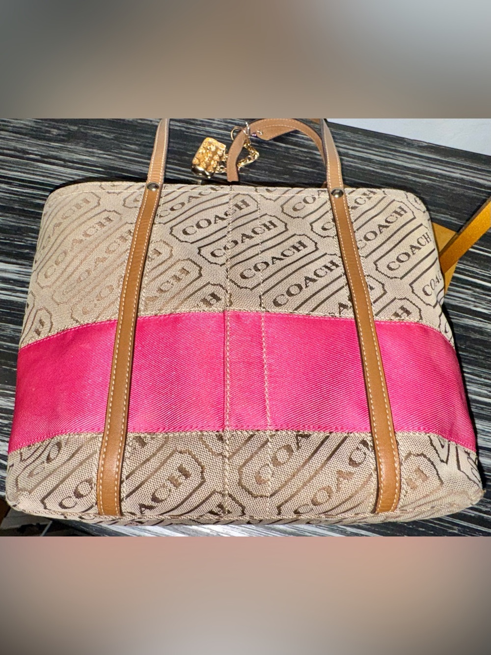 Coach 2008 Lozenge Brown Canvas Leather Trim Stripe Zipper Closure Tote Bag -GUC - Picture 4 of 14